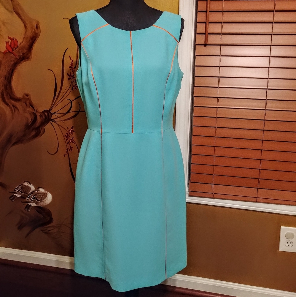 Classy turquoise dress with orange  silk trim